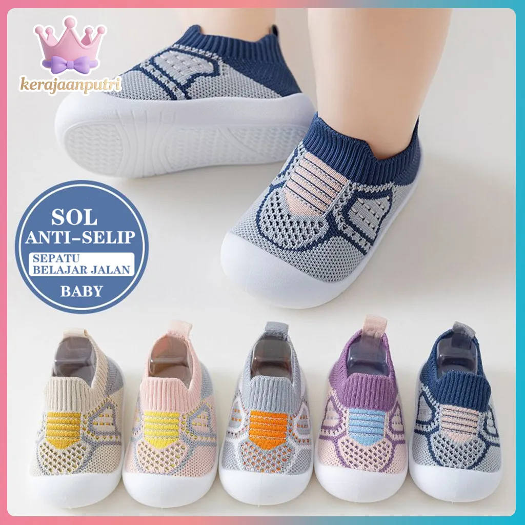 Sepatu Bayi Belajar Jalan 9-24 Bulan - Sol Karet Lembut, Anti Slip, Slip On, Bahan Mesh Nyaman & Bernapas