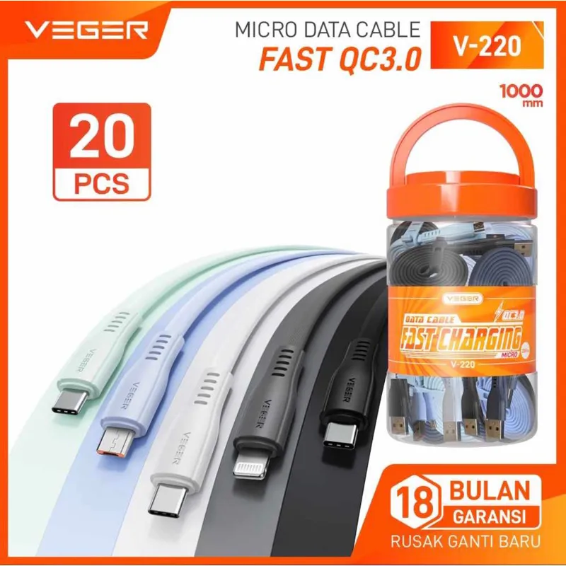 Kabel data VEGER V-220 MICRO , V-230 TYPE C , V-240 LIGHTNING kabel gepeng panjang 100cm QC 3.0 fast charging original garansi resmi 18bulan ( 1 toples isi 20 )