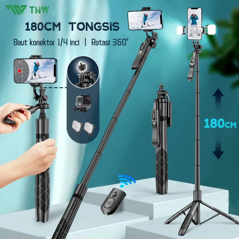 TNW L18 Tongsis Bluetooth 1.8M Tongsis Tripod Remote 180CM Selfie Stick Tripod Handphone untuk  Kamera Hp