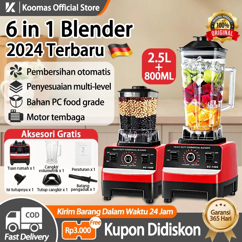 Koomas Blender 2.5L+800ML 220V 6 Pisau Blender Buah Multifungsi Chopper Juicer Bahan PC Food Grade Mesin Blender Mixer lce Crusher Jus Sayuran Jus Sereal Gilingan Smoothie Getar