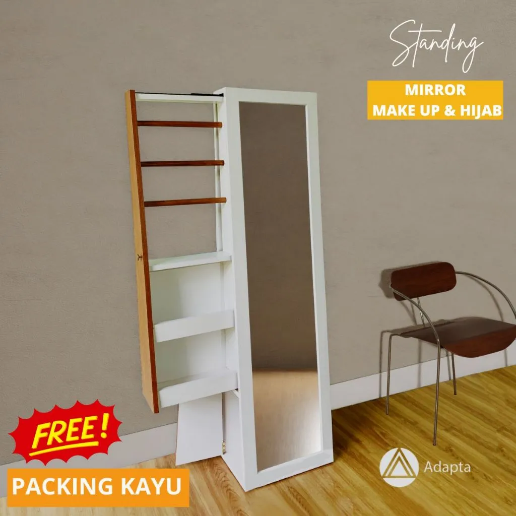 Adapta - Standing Mirror Full Body dengan Rak Hijab dan Makeup - Cermin dan Lampu LED -MIRA-A1/A2/A3