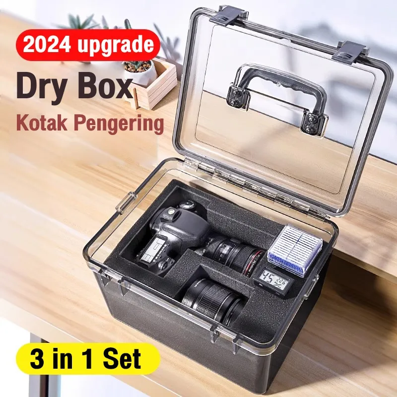 SLR Lens Drying Box 3 in 1 Set DryBox Kamera Digital Kotak Tahan Lembab aksi lensa kamera Canon Nikon Fuji Lumix Sony drone CABINET KERING ANTI JAMUR FOG KOTAK PENYIMPANAN kotak kering wadah Silica Gel Kotak