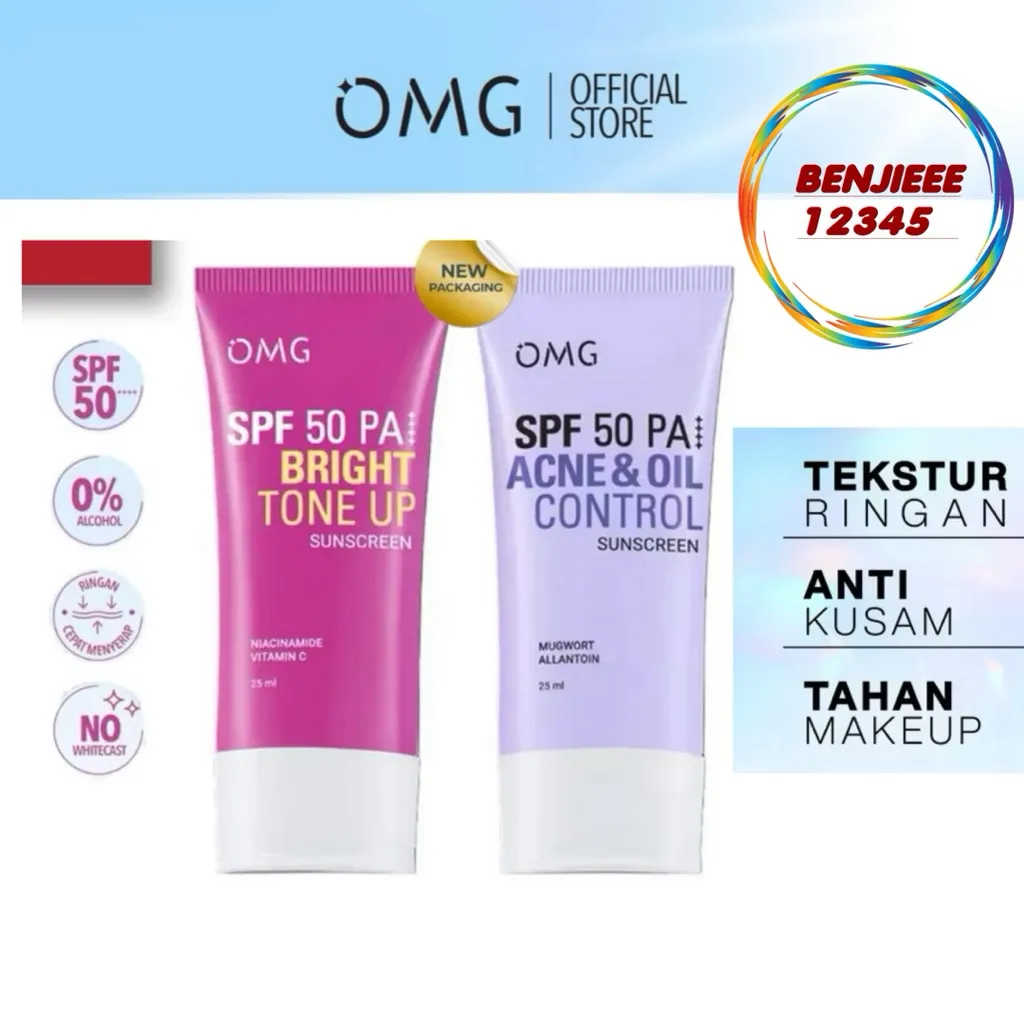 OMG Oh My Glow Bright Tone Up UV Barrier Sunscreen SPF 50PA++ 25ml Acne & Oil Control UV Barrier sunscreen SPF50 PA++++ mencerahkan melindungi UV ringan sunblock SUNSCREEN OMG omg Omg oh my glam glow 25ml 25 ml no whitecast tone up