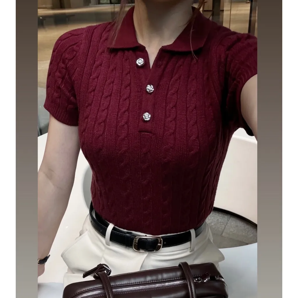 MINA - Harper Cable Knit Top  -  Polo Cable Knit Top Short Sleeve Blouse Rajut Atasan Wanita Berkerah Lengan Pendek Knitwear