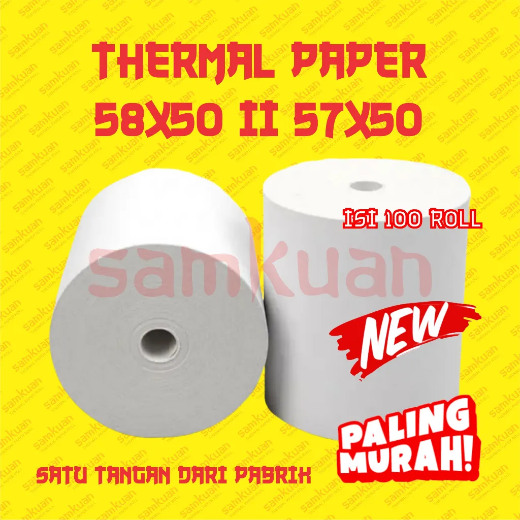 DUS 100 ROLL KERTAS THERMAL STRUK KASIR / PPOB PAPER ROLL 57X50 58X50 CORELESS TERMAL POS RECEIPT MINI PRINTER BLUETOOTH 58MM 57X50MM 58X50MM CORELESS TANPA CORE
