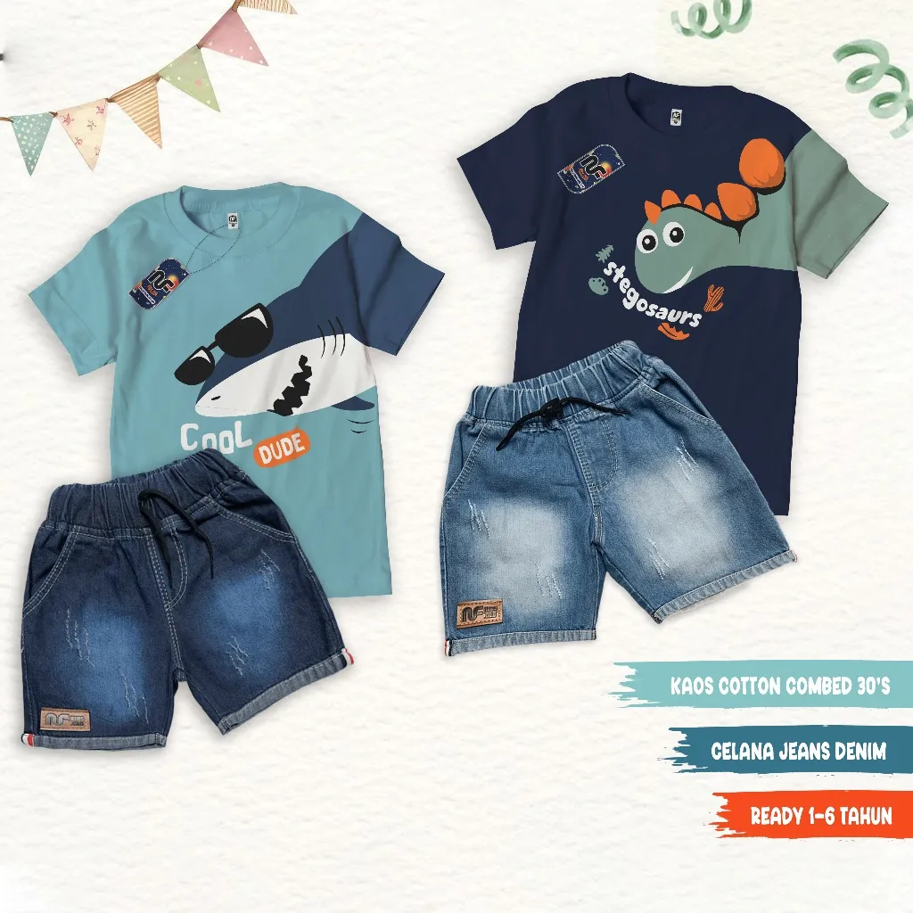 Setelan Anak Laki Laki kaos distro Celana Jeans 1-6 Tahun animal series