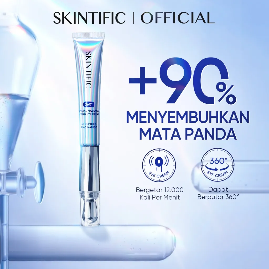 SKINTIFIC - 360° Crystal Massager Lifting Eye Cream 20ml | Puffy Eyes Mata Panda Dengan Massager Getar Eyecream Eye Serum Retinal 3D Peptides Niacinamide Caffeine 3-IN-1 Anti-aging Cream