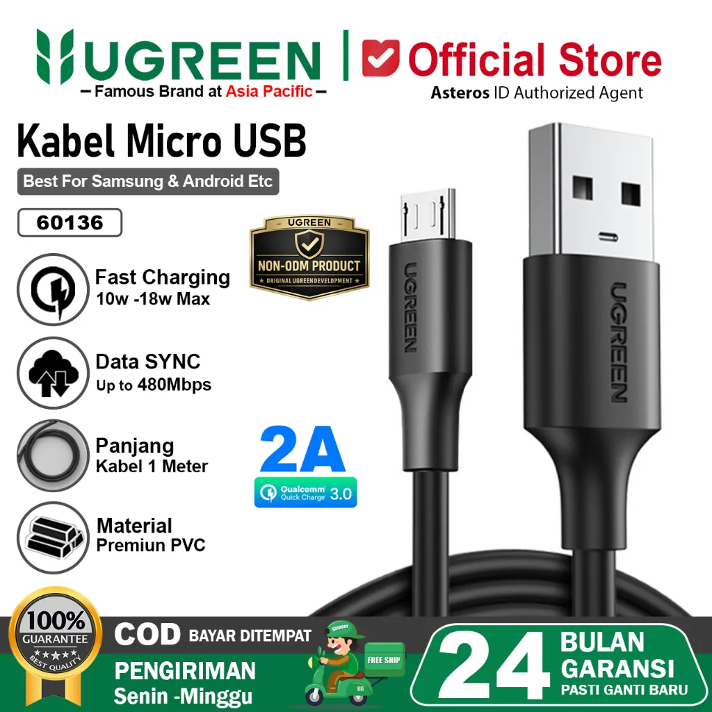 UGREEN Kabel Data Micro USB Fast Charging 2A Max 18W PVC