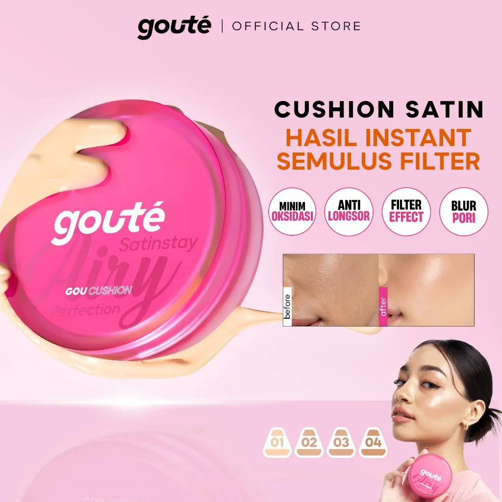 Goute Cushion Satin Stay Airy Perfection - Ringan, Menyamarkan Pori, Minim Oksidasi, Tahan Lama Long Lasting