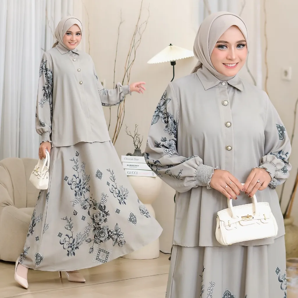 Angie Set Rok Lebaran One Set Setelan Wanita Muslim 834 - Bahan Monalisa Print (Muat LD 130cm), Wudhu dan Busui Ibu Menyusui Friendly, Desain Cantik Manis Elegan Nyaman Untuk Harian, Motif Bunga Lengan Panjang Pinggang Karet Kancing Depan Mewah