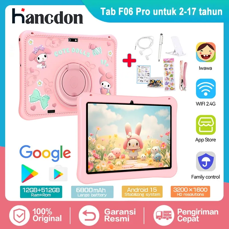 Hancdon Kids Study Tab F06 Pro Tablet Anak Android Edukasi 12GB+512GB 10.1 inch FHD+ Eye Comfort Display Wifi 5G Dual SIM - Garansi Resmi 1 Tahun
