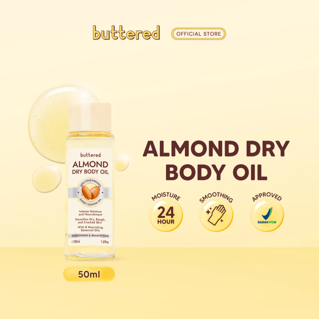 Buttered Almond Dry Body Oil 60% Cold Pressed Sweet Almond Oil Vitamin E dan Antioksidan Wangi Mewah Menyamarkan Stretch Mark dan Bekas Luka