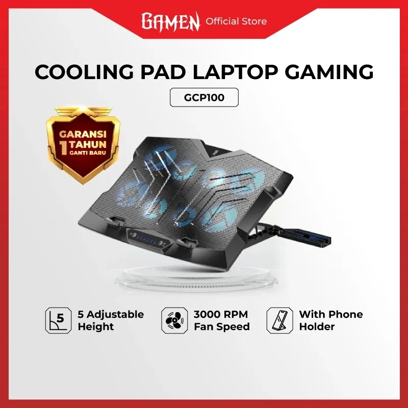 GAMEN Kipas Pendingin Laptop Gaming GCP100 5 Fan 3000RPM 6 Tingkat Angin Silent Fan With Smartphone Holder Stand Laptop | Sumber Daya USB Plug n Play Permukaan Aman untuk Laptop Gaming