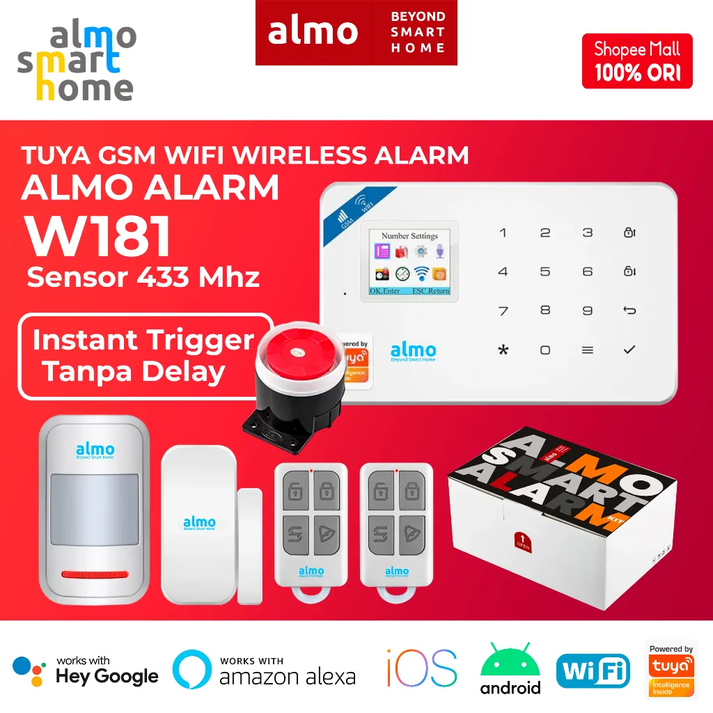 ALMO W181 Tuya Wireless GSM Wifi Smart Alarm Rumah Home Automation dengan Sensor 433 Mhz Instant Trigger Tanpa Delay