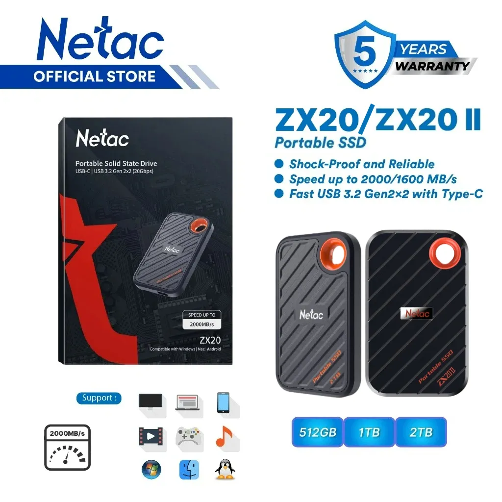 Netac ZX20 /ZX20 II Magnetic External Portable SSD 512GB/1TB/2TB USB 3.2 Gen 2x2 Type-C up to 2000MB/s with USB-C to A Cable and 20Gbps USB-C to C Cable Compatible With Windows/Mac/Android