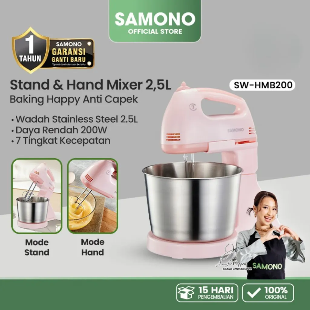 SAMONO Stand Mixer 2.5L Pink Hand Mixer 2 in 1 Mesin Pengaduk Adonan Kue Otomatis 200W Low Watt 7 Kecepatan Wadah Stainless Steel Food Grade Pengocok Telur Elektrik Multifungsi Alat Pembuat Roti Garansi Resmi Original HMB200