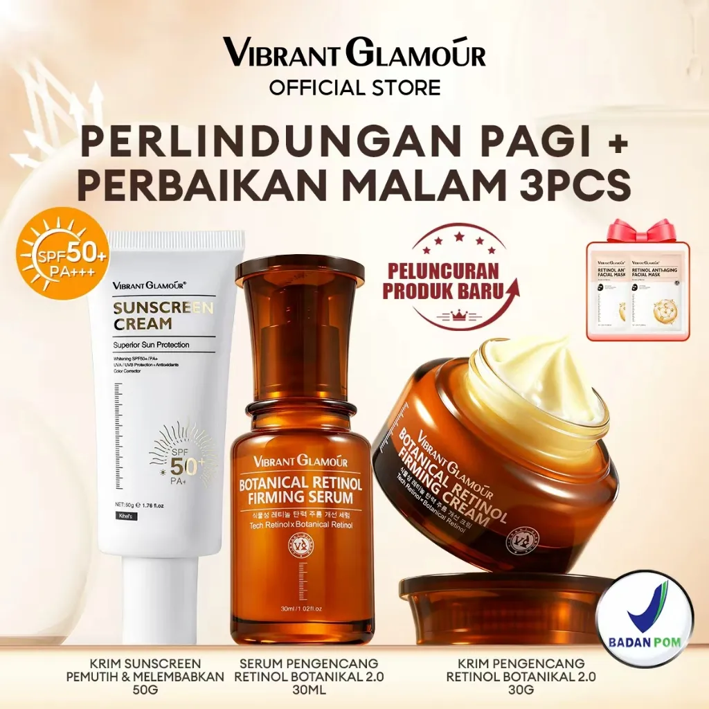 VIBRANT GLAMOUR Paket 3PCS Sunscreen Pencerah + Botanical Retinol 2.0 SPF50+ PA+++, Perlindungan Antioksidan & Mencerahkan di Siang Hari, Perbaikan Kulit Sensitif di Malam Hari, Mengurangi 5 Jenis Kerutan Wajah & Meningkatkan Kolagen