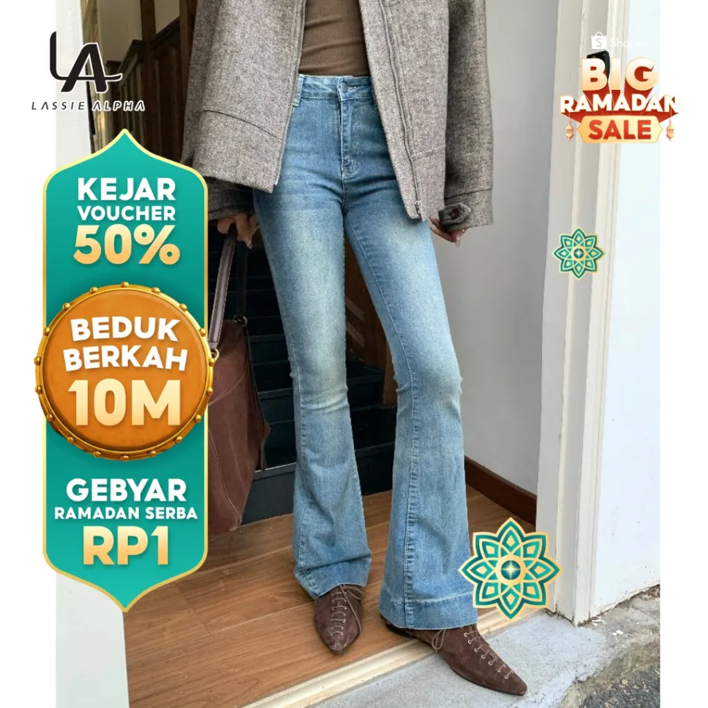 Lassie Alpha J79 Jeans Wanita Cutbray High Waist Lurus / Straight - Blue Retro - Stretch Nyaman - Tummy Control - Ready Stock & Gratis Ongkir