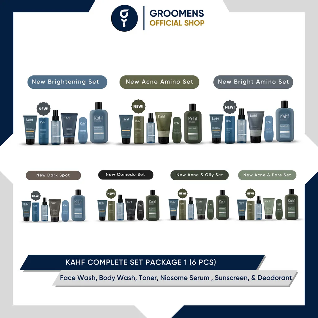 Kahf Complete Set Package 1 (6 pcs) - Face Wash, Body Wash, Toner, Serum, Sunscreen, & Deodorant