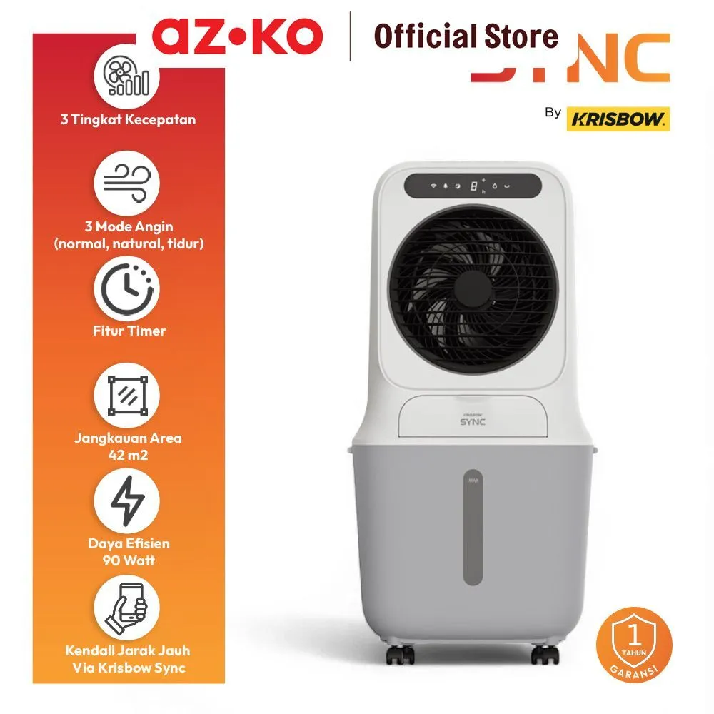 AZKO Krisbow Sync 25 ltr Smart Air Cooler - Putih/Abu-Abu Kipas Angin Pendingin Ruangan Tanpa Freon Penyejuk Kamar Led Wifi Drying Cooling