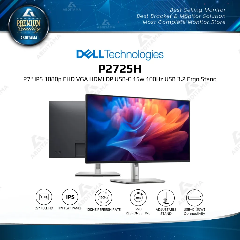Monitor LED Dell Proffessional P2725H 27" IPS 1080p FHD VGA HDMI DP USB-C 15w 100Hz USB 3.2 Full Ergonomic Stand sRGB 99%