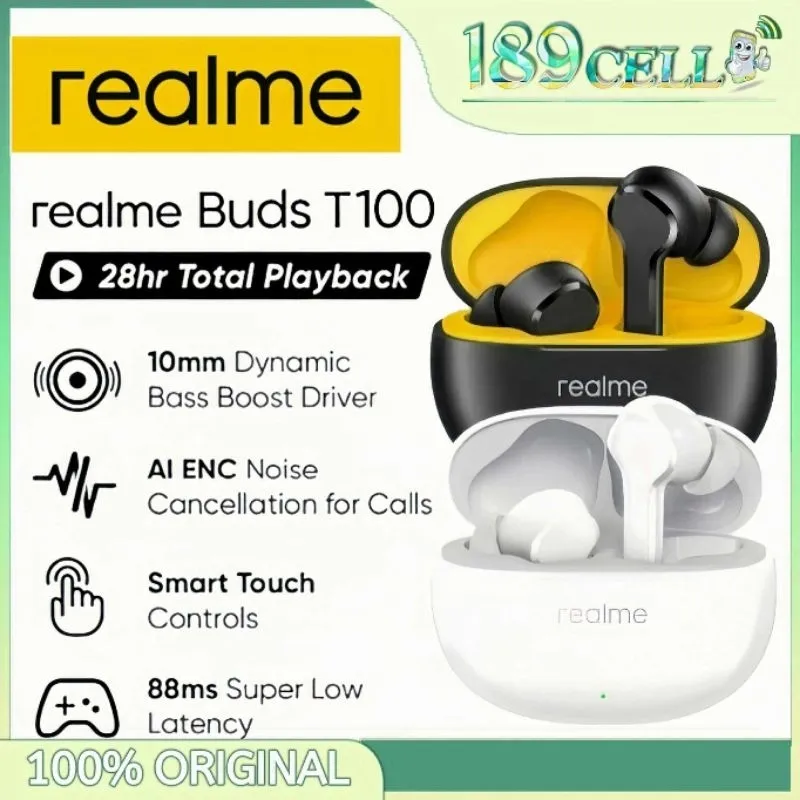 REALME BUDS T100 (10mm Dynamic Bass Driver)  28Hours Playback | TWS T100 ORIGINAL GARANSI RESMI REALME