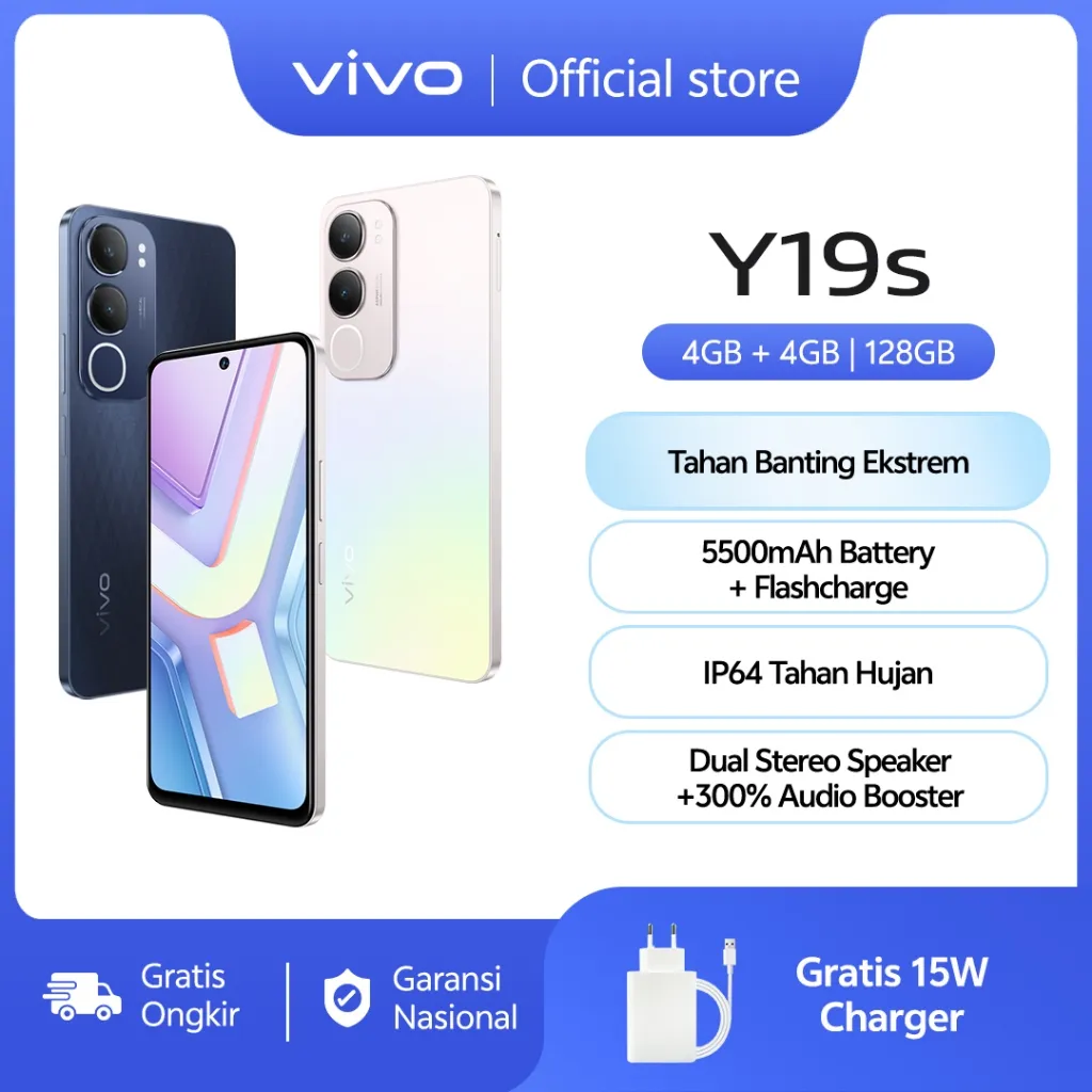 vivo Y19S (4/128) - 50 MP AI Camera, 5500mAh+15W FlashCharge, SGS Drop Resistance, IP64 Dust Waterproof, Dual Speaker Audio Boost