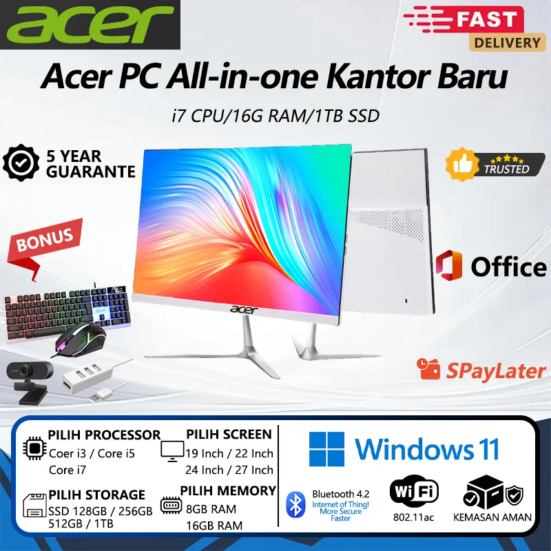 Acer Komputer All-in-One Super Tipis Dengan Layar HD Prosesor Intel Core i3/i5/i7 Cocok Untuk Rumah/Belajar/Kantor/Gaming dan Hiburan - 19/22/24/27 inci Gratis Keyboard Mouse - Garansi 5 Tahun