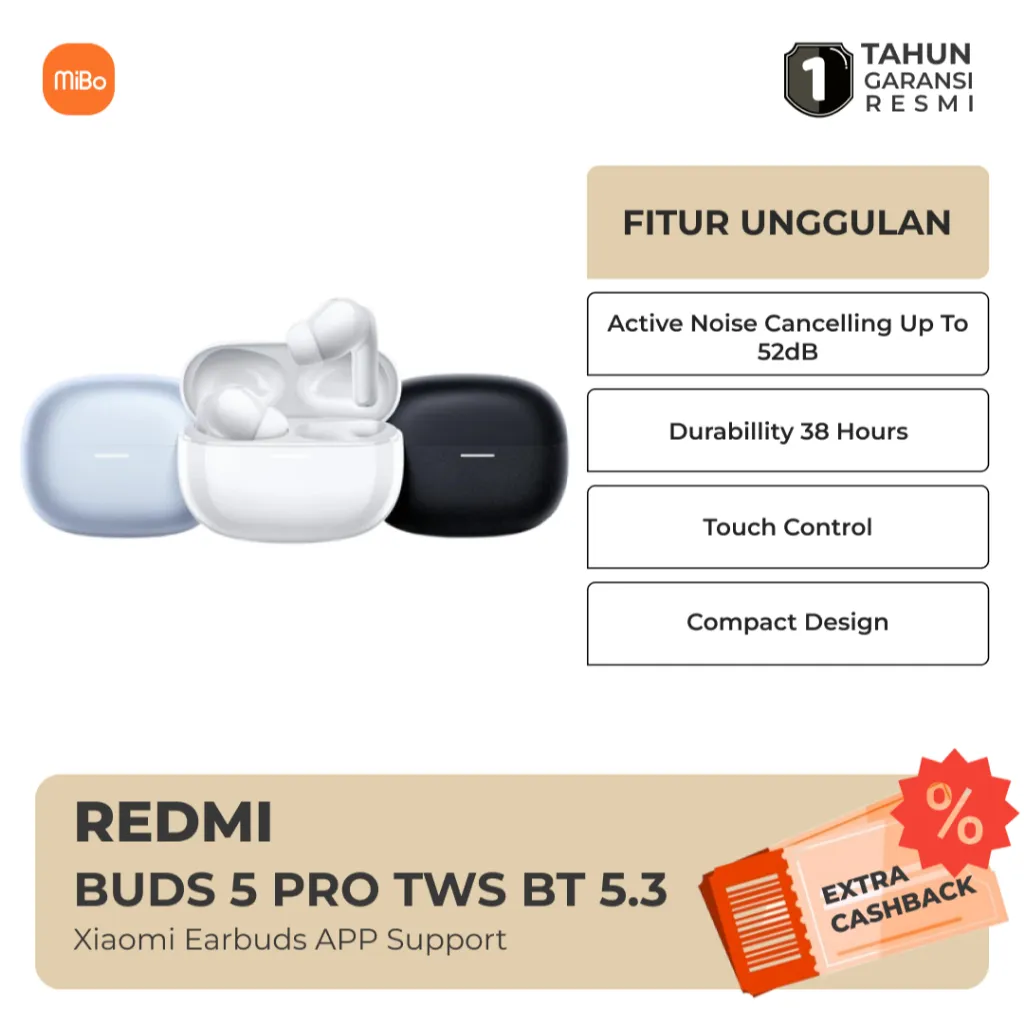 Xiaomi Redmi Buds 5 Pro TWS True Wireless Earbuds Headset Bluetooth 5.3 ANC Garansi Resmi
