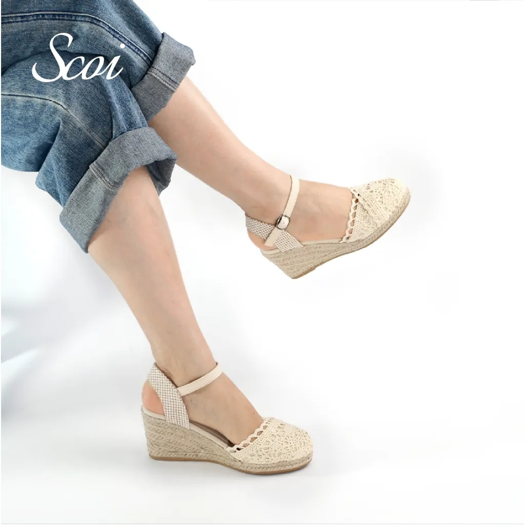 Scoi Flat Platform Peep Wedges Pola Renda Wanita Sepatu Datar Anti Selip