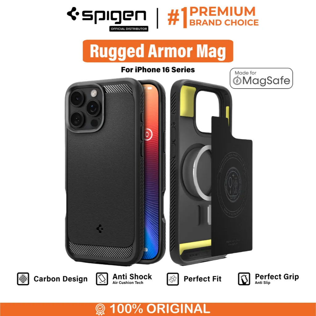 Case iPhone 16 Series Pro Max Plus Spigen Rugged Armor MagSafe MagFit Carbon Anti Shock Crack Casing