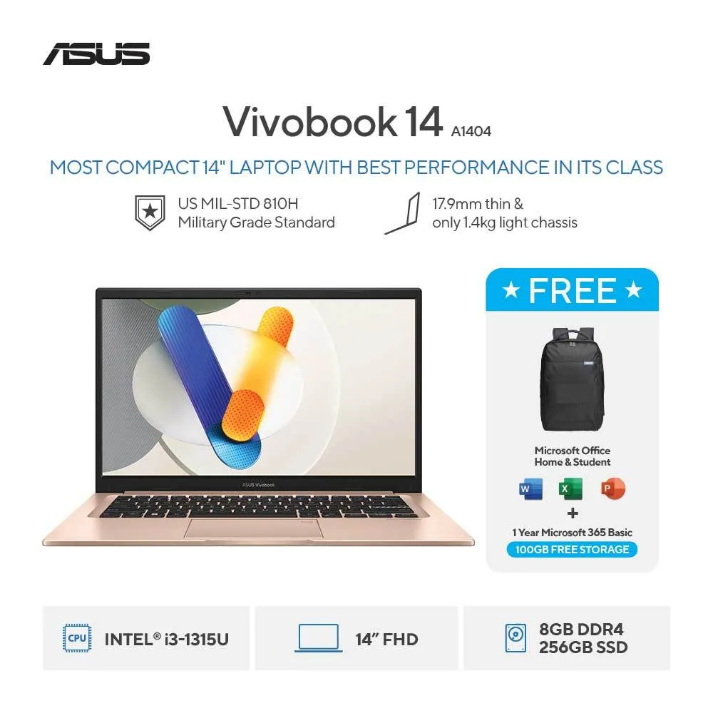 ASUS Vivobook 14 A1404VA-FHD3822M – Terra Cotta [Intel Core i3-1315U / Intel UHD / 8GB / 256GB / 14inch / WIN11 / OHS24 / M365]