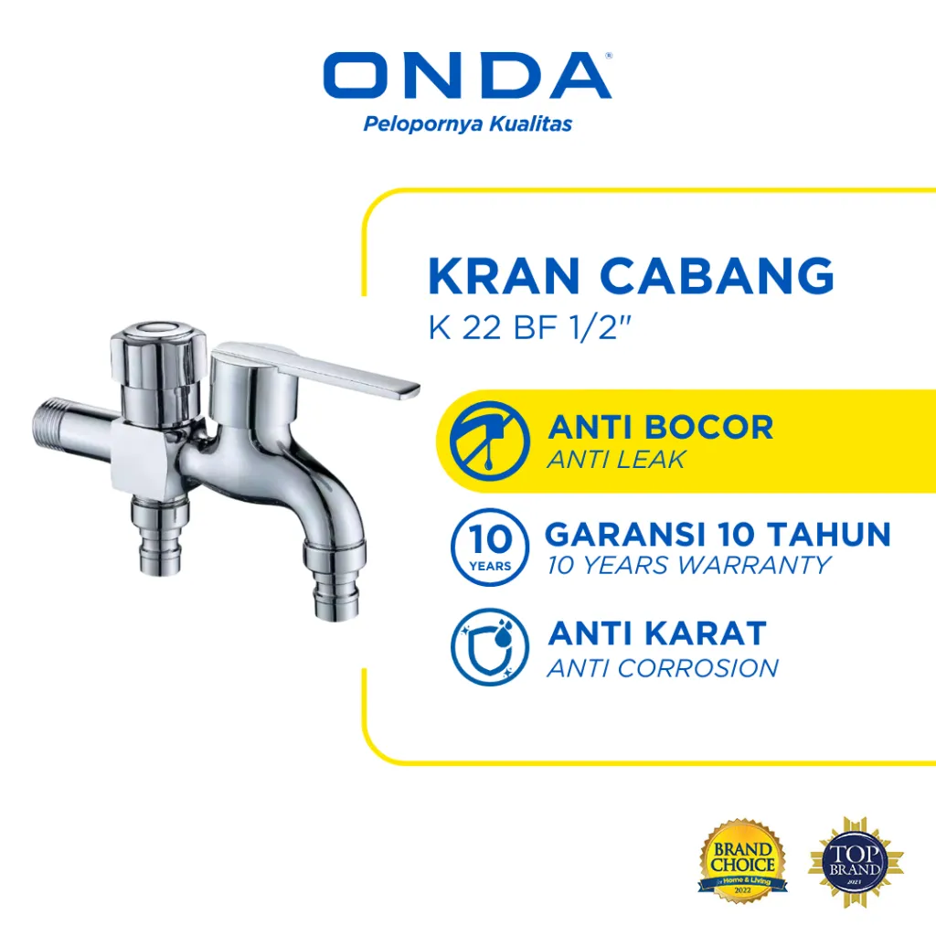 ONDA Kran Cabang Mesin Cuci Dua Cabang Kuningan Anti Bocor K 22 BF 1/2"