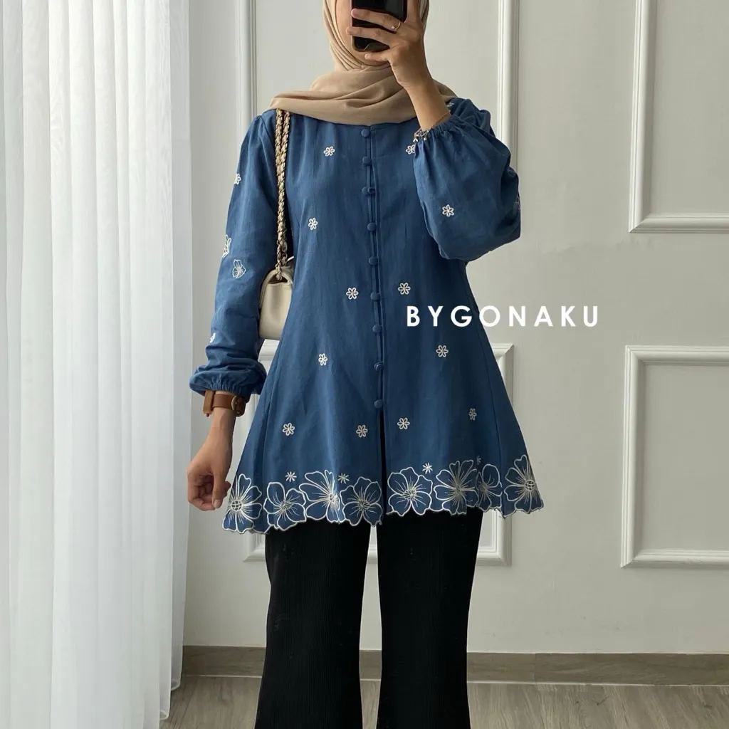 [GONAKU] Pamela Top Blouse Linen Bordir | Atasan Blouse Lengan Balon Kemeja Kerja Wanita | Busui Friendly | Embroidery Shirt