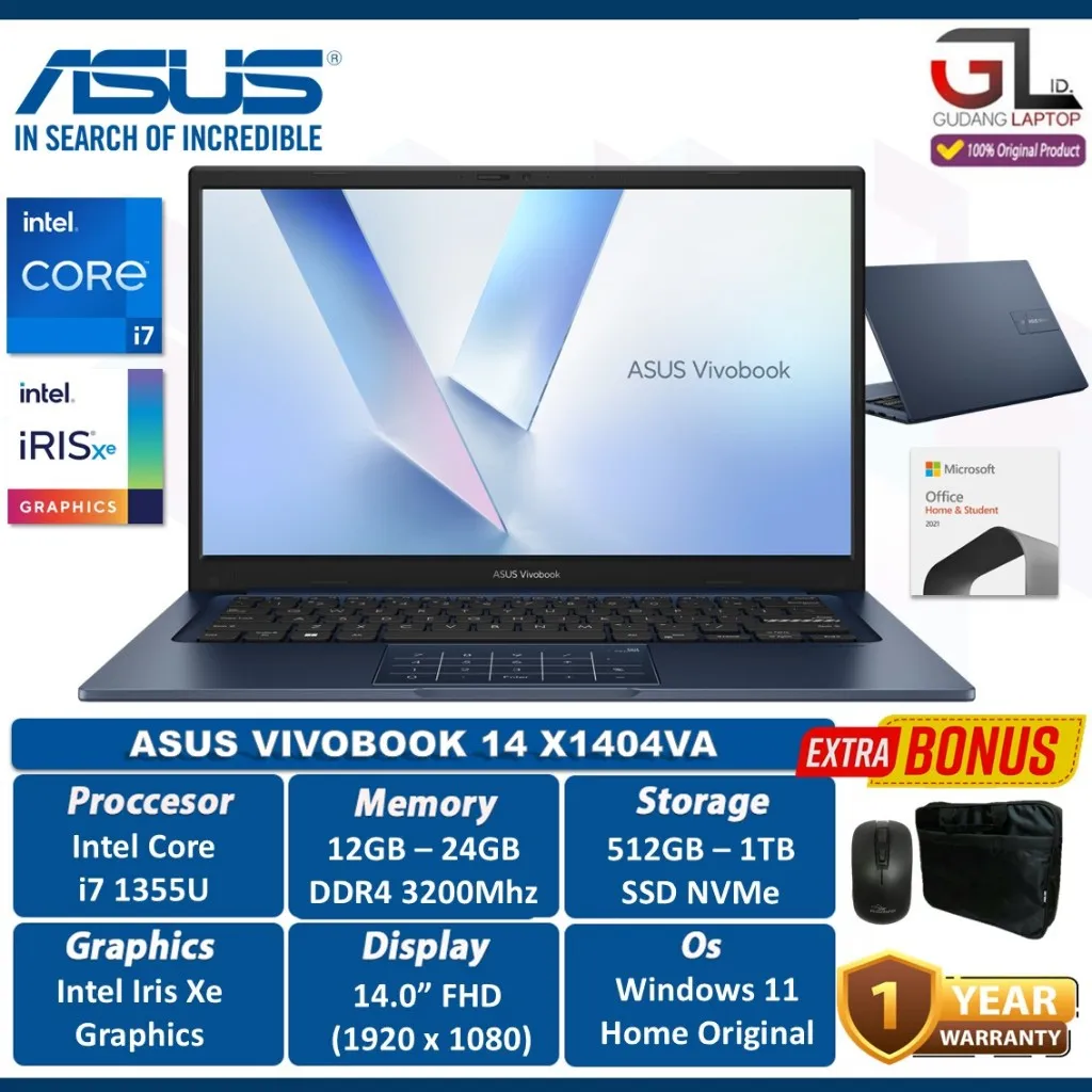 Laptop Asus Vivobook Intel i7 1355U 24GB Ram 1TB SSD 14 Inch Full HD Win11Home
