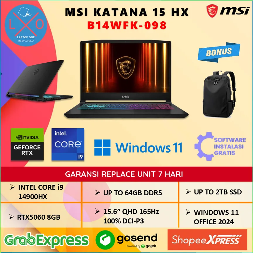 Laptop MSI Katana 15 HX RTX5060 8GB i9 14900HX 64GB 2TB 15.6" QHD 165Hz 100% DCI-P3 Windows 11 + OHS