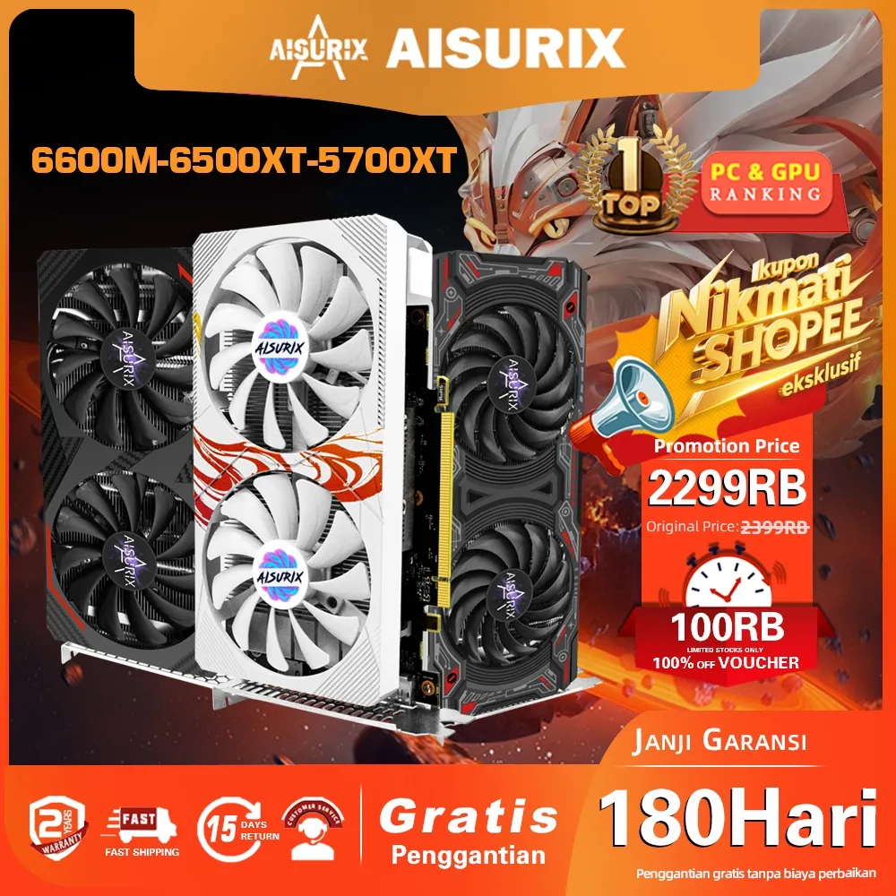 AISURIX AMD RX 6500 XT 4GB VGA Card GDDR6 1024SP HDMI Graphics Card RX 6600XT 8GB Video Card GPU For Gaming Working