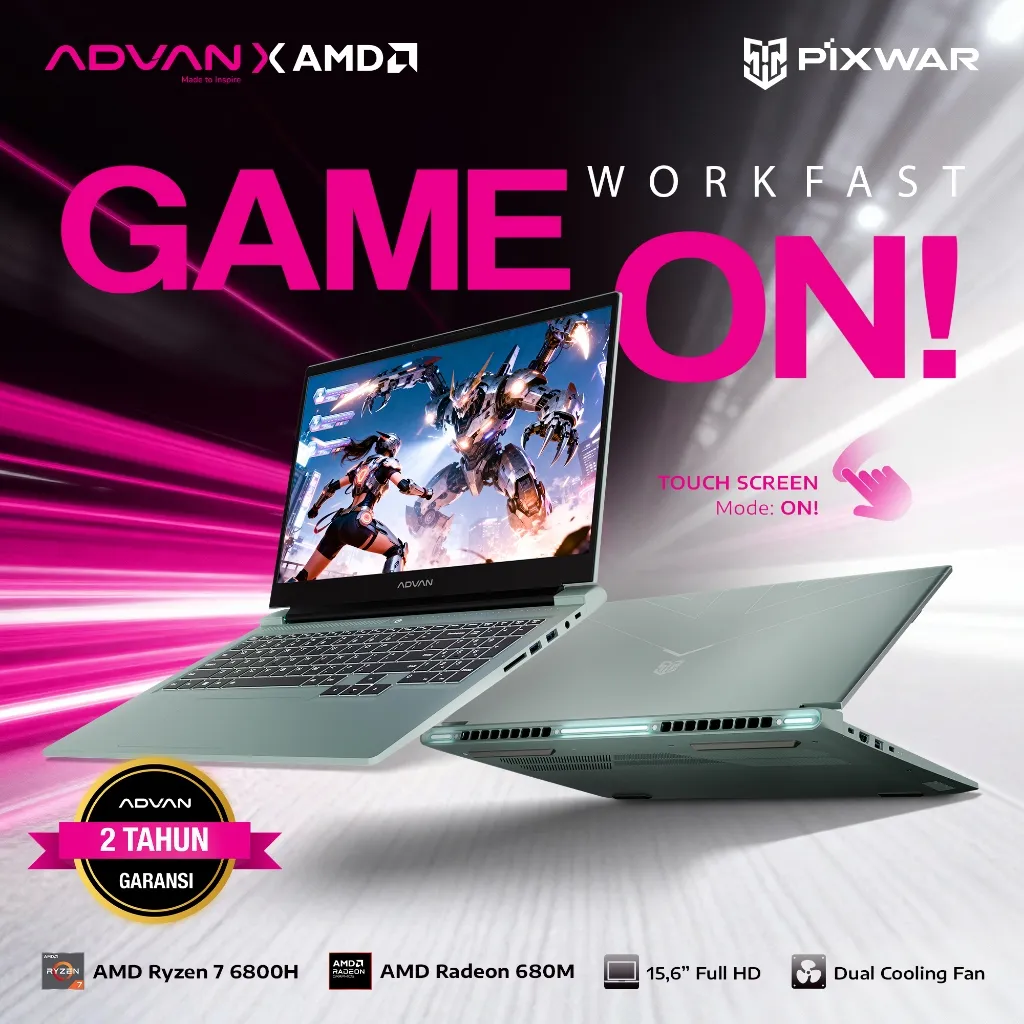 ADVAN Laptop Gaming Pixwar Touchscreen | Ryzen 7 8745HS / 6800H | 16GB/512GB | Display 15,6 Inch FHD Touchscreen | Garansi Resmi 2 Tahun