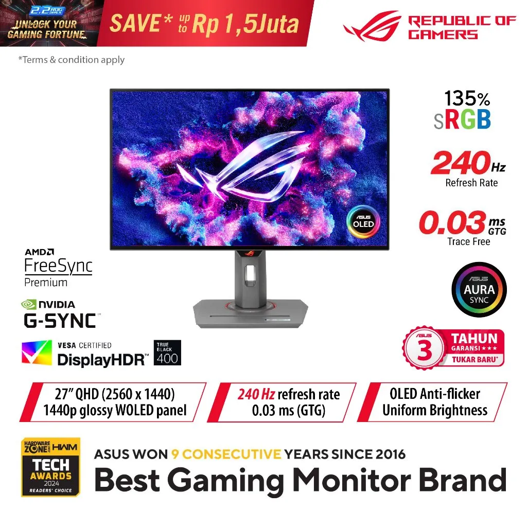 Monitor OLED ASUS ROG Strix XG27AQDMG 27" 1440p QHD 2K 240Hz 0.03ms Response Time for immersive gaming Full Ergonomic Stand 99% DCI-P3 Color Gamut Advanced AMD FreeSync/NVIDIA G-Sync Compatibility HDR10 for Unmatched Gaming Clarity and Performance