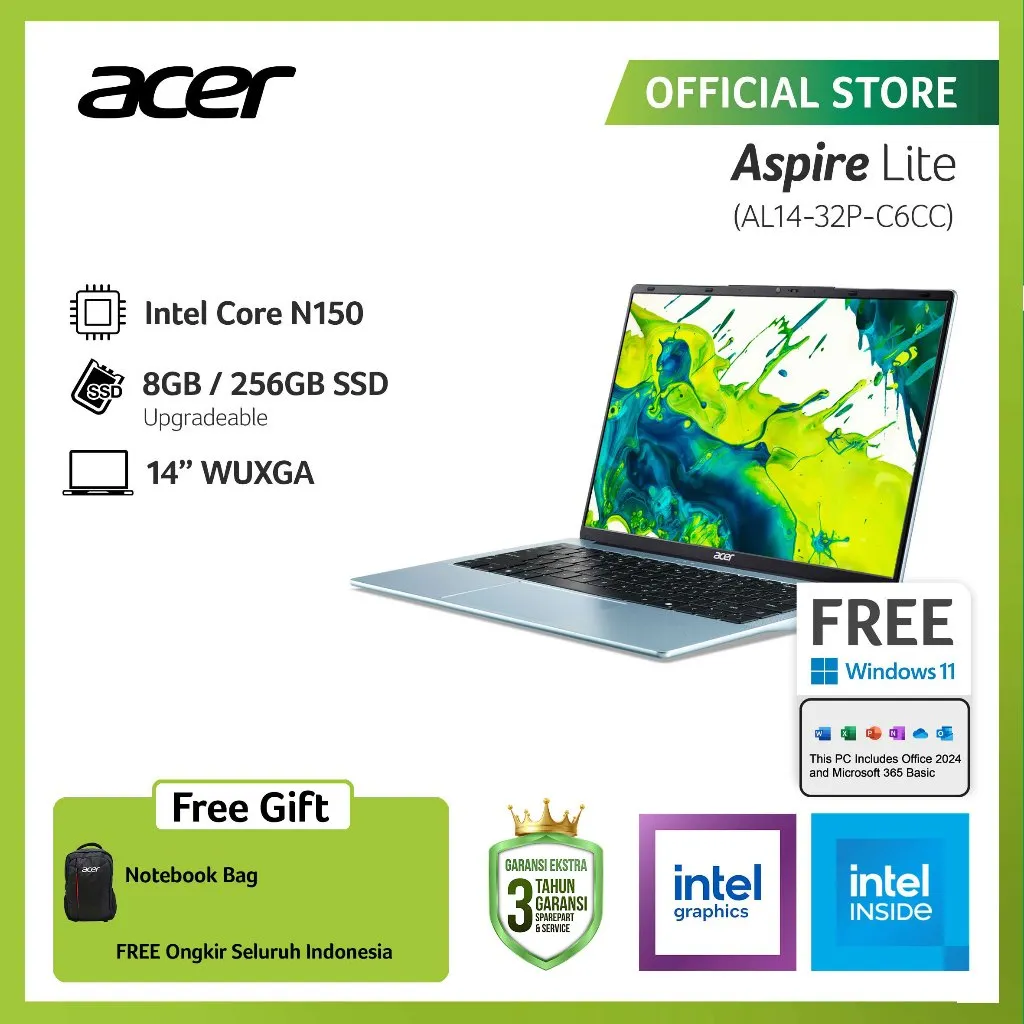 (BEST SELLER) ACER LAPTOP ASPIRE LITE AL14-32P-C6CC/AL14-32P-C8PX/AL14-32P-C2SS 14" WUXGA INTEL N150 RAM 8GB STORAGE 256GB SSD INTEL GRAPHICS WINDOWS 11
