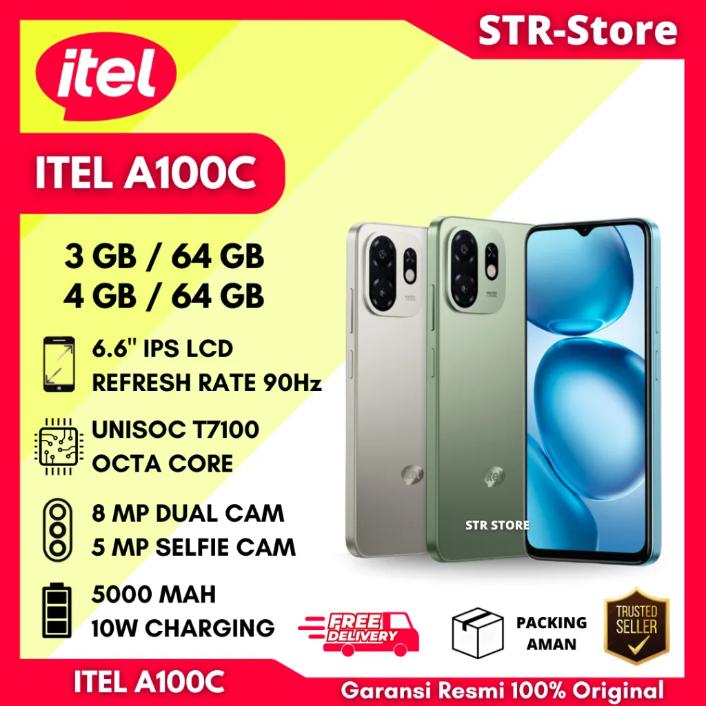 ITEL A100C 4/64 GB SMARTPHONE GARANSI RESMI ITEL A100C 3/64 GB LAYAR 6.6" 90Hz - ITEL A100C