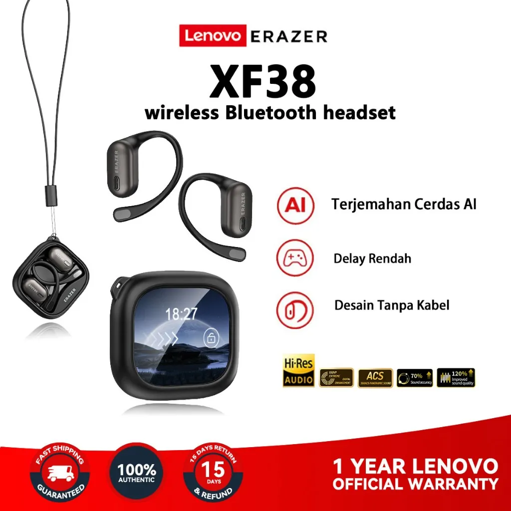 Lenovo ERAZER XF38 Wireless Bluetooth 5.4 Headset TWS AI Translator Low Latency Long Battery Life IPX5 Waterproof HiFi Suara Dolby Audio ANC Smart Noise Cancelling Super Bass Gaming Musik Sport Party Work Study Office
