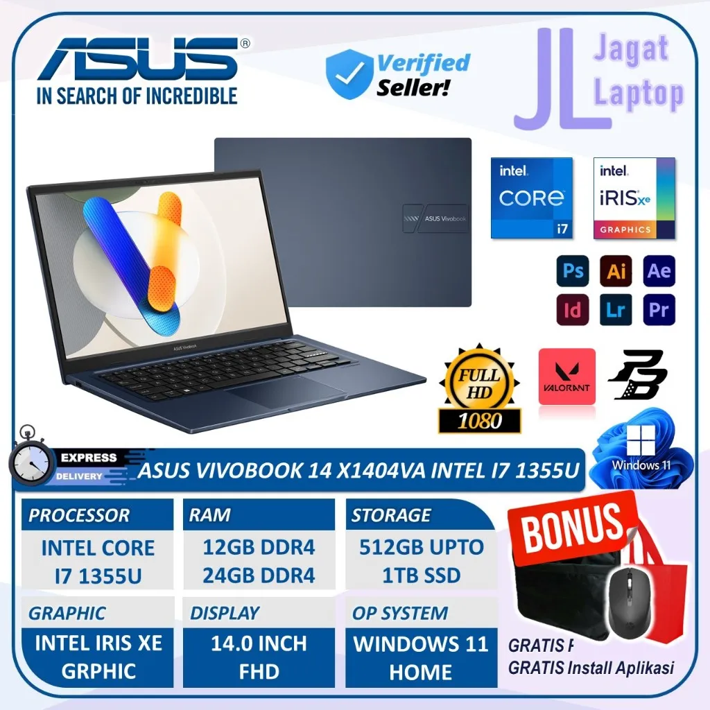 Laptop ASUS Vivobook Intel I7 1355U 24GB Ram 1TB SSD 14 inch Full HD Win11home murah berkualitas