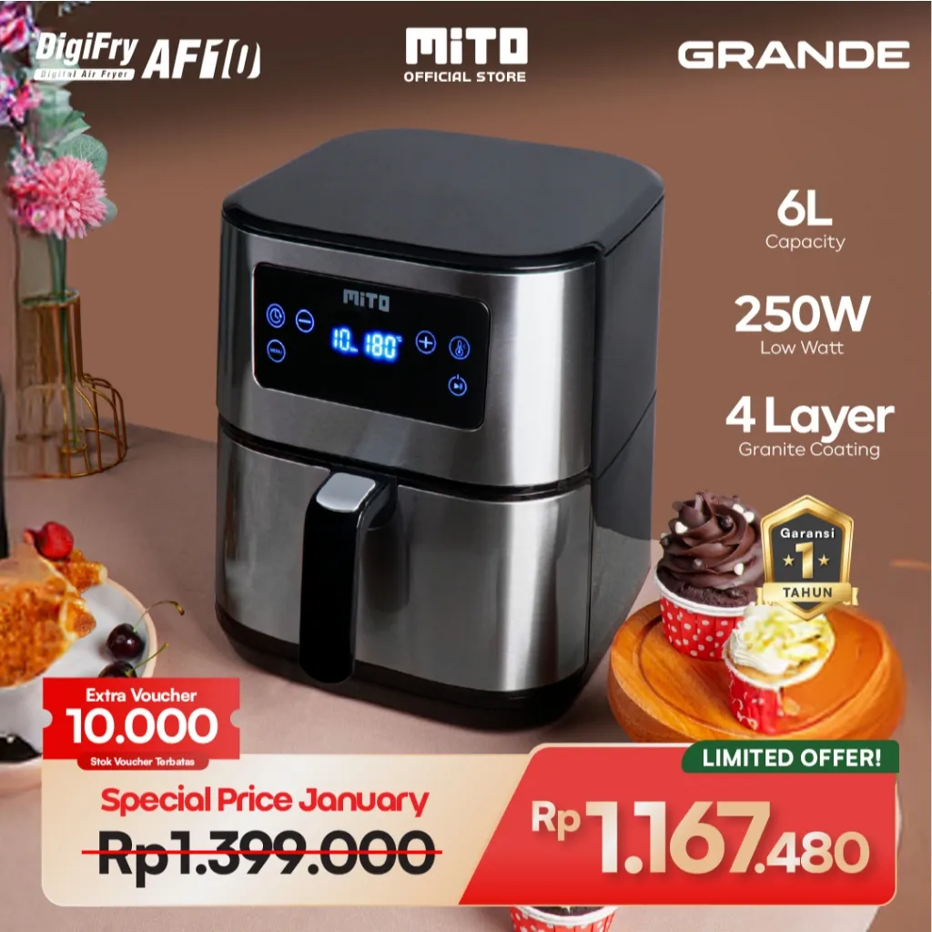 MITO Grande Air Fryer DigiFry AF10 Touch Screen Low Watt Mesin Penggoreng Tanpa Minyak 6L - Silver Black