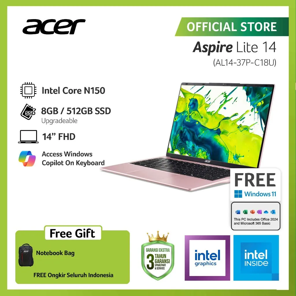(BEST SELLER) ACER LAPTOP ASPIRE LITE 14 AL14-37P-C3DZ/AL14-37P-C1UK/AL14-37P-C18U 14" FHD INTEL N150 RAM 8GB STORAGE 512GB SSD INTEL GRAPHICS WINDOWS 11