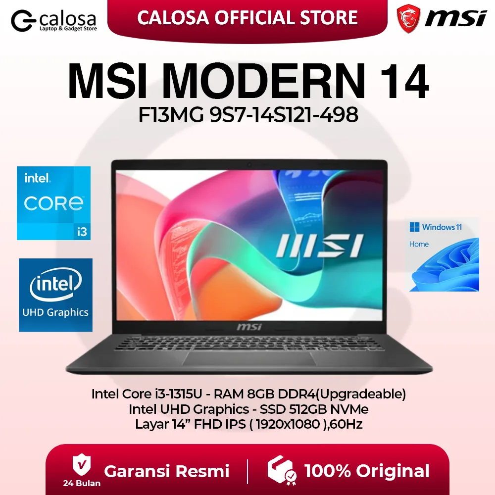 MSI MODERN 14 Core i3-1315U RAM 8GB SSD 512GB 14Inch Windows 11 GRAY  F13MG 9S7-14S121-498 rekomendasi laptop ringan kuliah tugas kerja sekolah multitasking