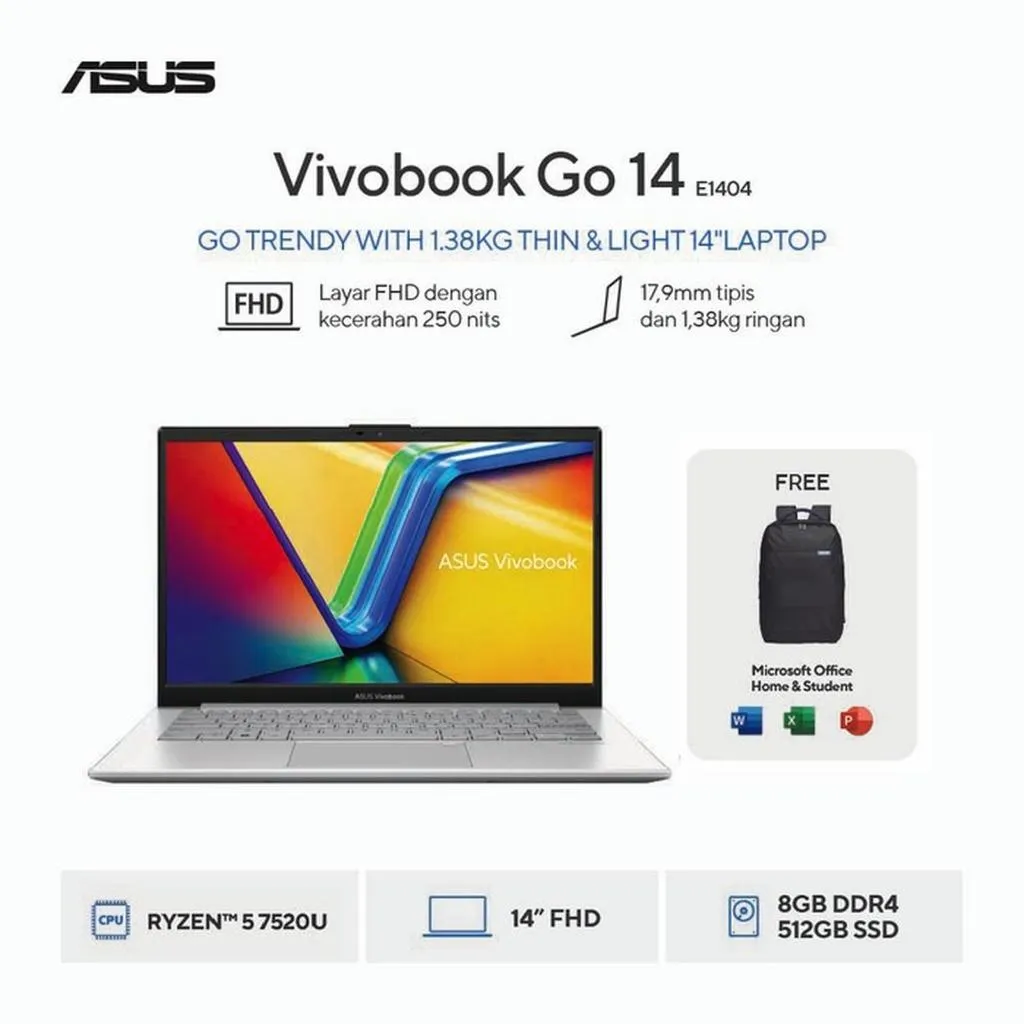 ASUS VIVOBOOK GO 14 E1404FA RYZEN 3 7320U 8GB 512GB WINDOWS 11 HOME +OFFICE 14.0 FHD +FINGER PRINT