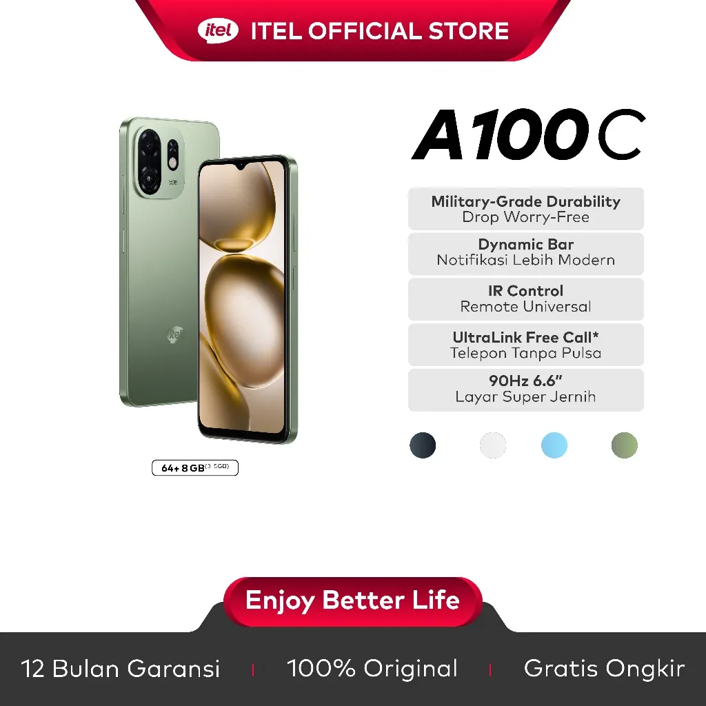 ITEL A100C 3+5GB RAM |/64GB ROM Smartphone 6.6 Inch 90Hz Military-Grade 5000mAh 4+64GB 4 Warna