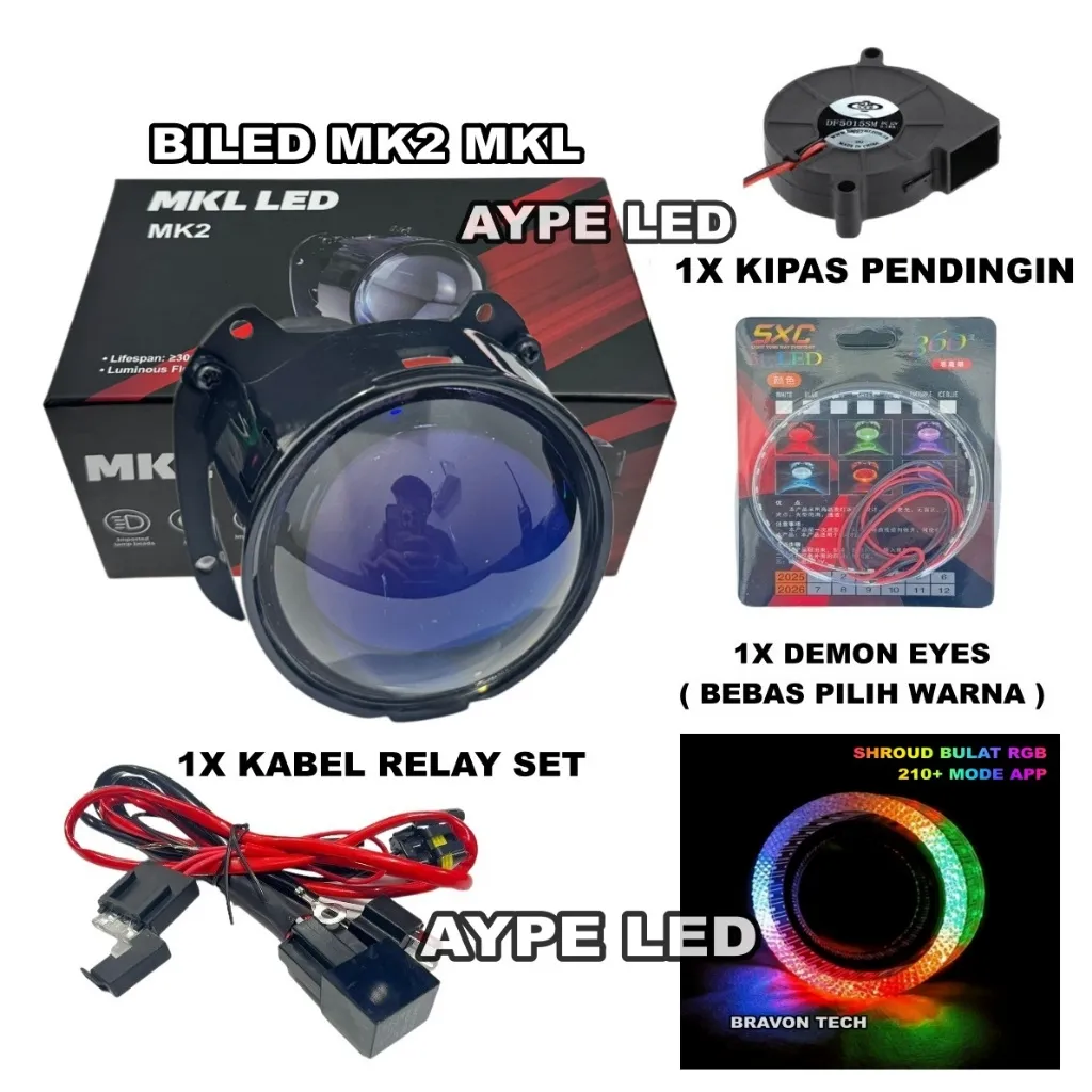 Biled Projector MKL MK2 2,5 inch Bluelens 55 Watt Demon Eyes Kipas Pendingin Mkl Flat Cut off