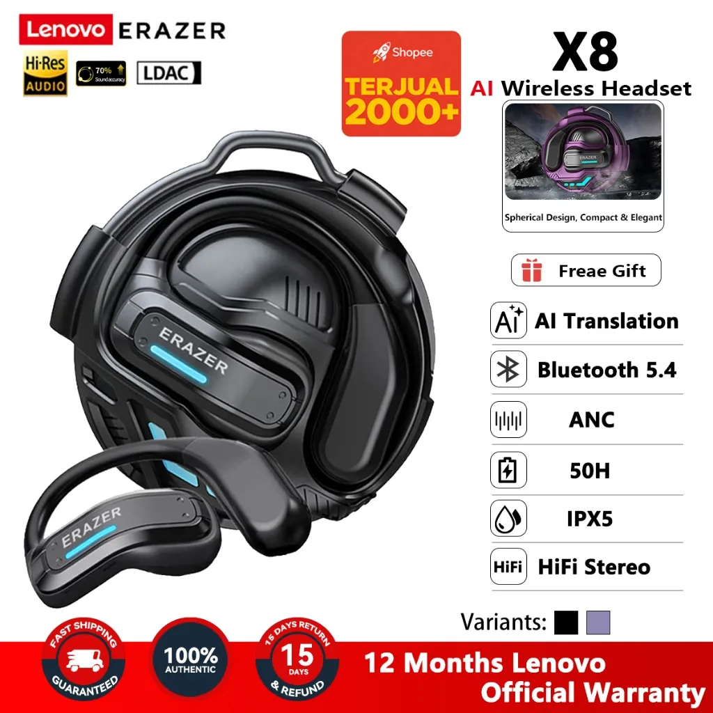 Lenovo ERAZER X8 Open-Ear Earhook Wireless Headset TWS Bluetooth 5.4 AI Translator Low Latency Long Battery Life IPX5 Waterproof ANC Smart Noise Cancelling HiFi Suara Dolby Audio Super Bass Handsfree Panggilan Sport Gaming Travel Office